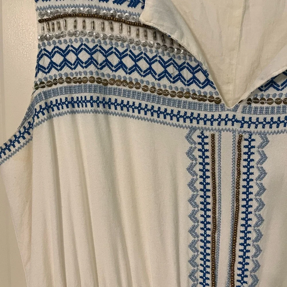 White Dress with Blue Embroidery - Picture 3 of 6